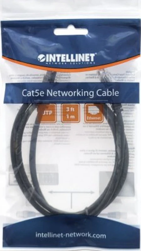 Intracom INTELLINET tinklo kabelis Cat5e U/UTP 1,0m 3ft. Juodas RJ-45 Vyriški / RJ-45 Vyriški Paauksuoti kontaktai Polibag