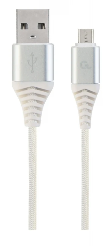 GEMBIRD CC-USB2B-AMmBM-2M-BW2 Gembird Premium medvilninis pintas Micro-USB įkrovimo ir duomenų kabelis,2m,sidabrinis/baltas