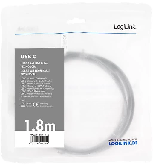 LOGILINK UA0329 LOGILINK – USB 3.2 Gen 1x1 USB-C kištukinis HDMI 2.0 kištukas, 1,8 m