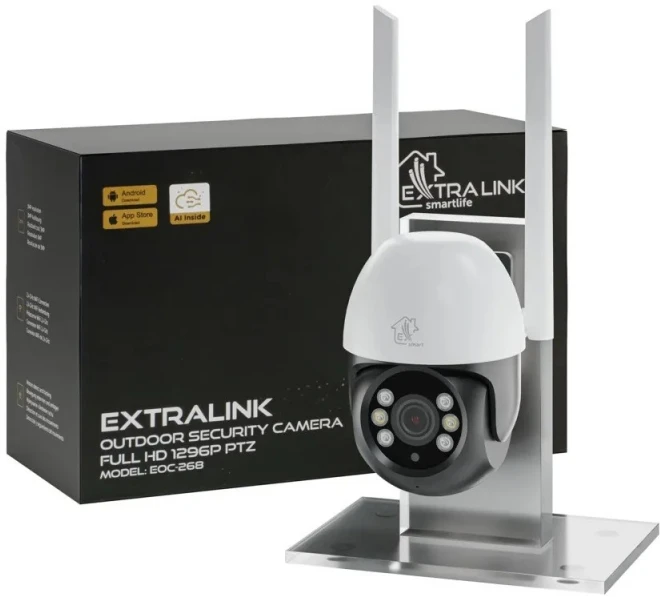 Bevielė išmanioji Wi-Fi lauko kamera, 3MP, 12V DC, valdoma PTZ 310°, IP65, balta, TUYA, Smart Life, Extralink