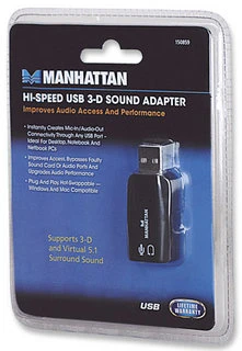 Intracom MANHATTAN Hi-Speed USB 3-D garso adapteris su mikrofono įvesties ir garso išvesties jungtimi per bet kurį USB prievadą 3D ir virtualų 5.1 erdvinį garsą