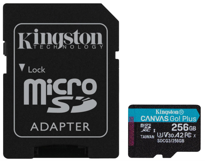 Atminties kortelė „Kingston“ 256 GB „Micro SDXC Canvas Go Plus 170R A2 U3 V30“ kortelė su ADP
