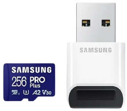Atminties kortelė SAMSUNG PRO Plus Micro SD 256GB Up to 180MB/s Read and 130MB/s Rašymo greitis with Class 10 4K UHD + Card reader