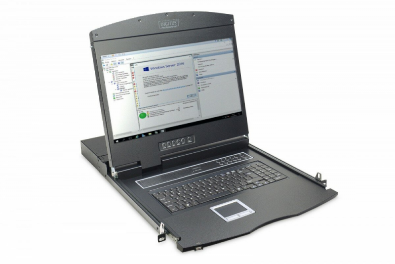 Assmann Electronic DIGITUS modulinė 48,3 cm 19 colių TFT konsolė su 8 prievadų KVM US klaviatūra RAL 9005 juodos spalvos