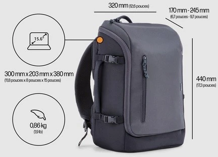 Hewlett Packard (HP) HP Travel 15.6 kuprinė, 25 litrų talpa, RFID ir Bluetooth sekimo kišenė - Pilkas