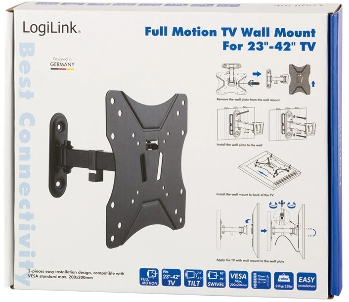 LOGILINK BP0007 LOGILINK - televizoriaus sieninis laikiklis, pakreipiamas -7,5 /+7,5 , pasukamas 90 /90 , 23 42, maks. 25 kg