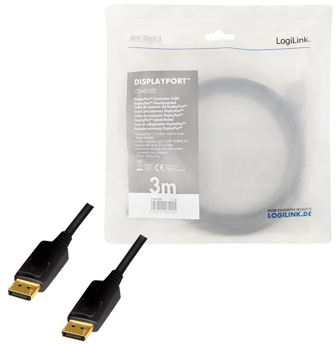 LogiLink DisplayPort 1.2 M/M 3.0m juoda-pilka