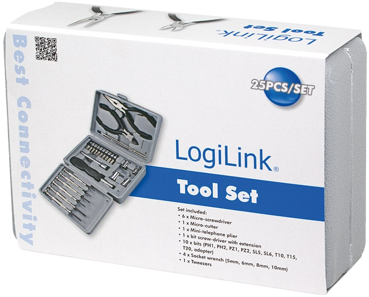 LogiLink Prisijungti | Įrankių rinkinys, 25vnt | Įsk. transportavimo dėžėĮ komplektą įeina 6x mikro atsuktuvai1x mikro pjaustytuvas 1x mini telefono replė 1x antgalių atsuktuvas su prailginimu 10x antgaliai (PH1, PH2, PZ1, PZ2, PZ5, PZ6, T10, T15, T20, adapteris) 4x kištukinis veržliaraktis (5mm, 6mm, 8mm, 1x10) pincetas Brūkšninis kodas: 4052792012491