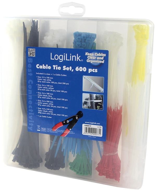 „LogiLink“ kabelių raištelių rinkinys, 600 vnt., 5 ilgiai, 1 x kabelių pjaustytuvas