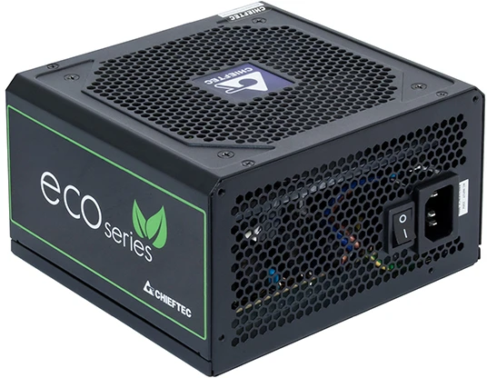 CHIEFTEC ECO serijos 500 W ATX-12V V.2.3 maitinimo šaltinis su 12 cm ventiliatoriumi Aktyvus PFC 230 V tik 85 proc. Efektyvumas, įskaitant maitinimo laidą