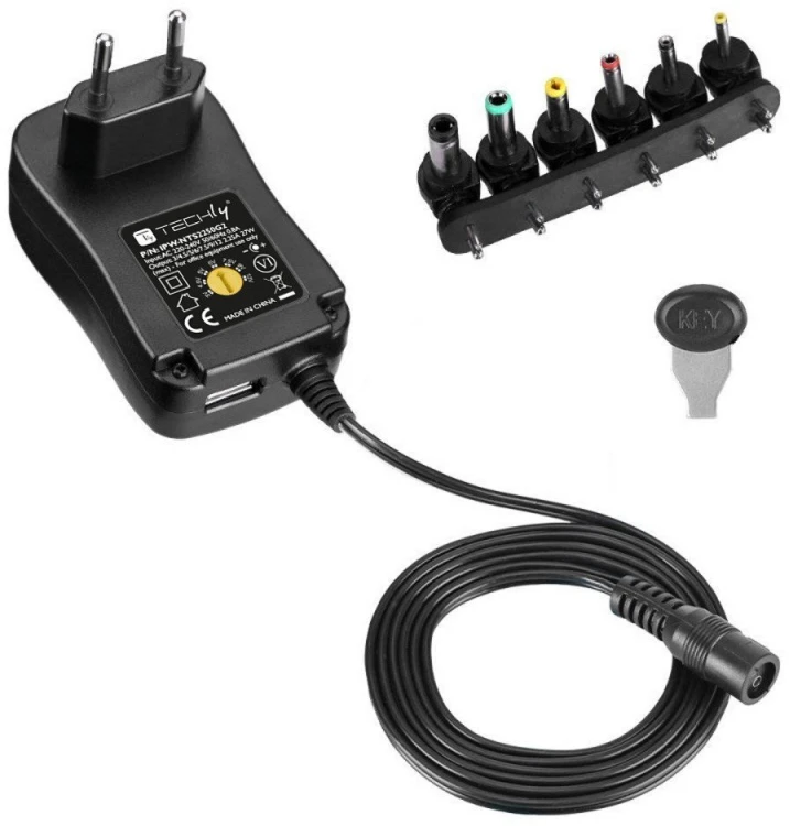 Techly Maitinimo šaltinis 230V universalus 27W/2.25A 3-12V 6 wtyków DC i USB