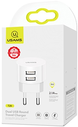 USAMS Laidinis įkroviklis 2xUSB T20 2.1A Round (only head) baltos spalvos Fast Charging CC80TC01 (US-CC080)