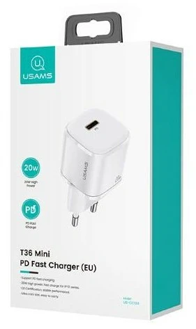 USAMS Laidinis įkroviklis 1xUSB-C T36 mini 20W (only head) PD3.0 Fast Charging baltos spalvos CC124TC02 (US-CC124)