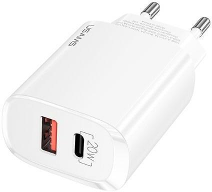 USAMS Tinklo įkroviklis 1xUSB-C+1xUSB T35 20W (only head) PD3.0 +QC3.0 Fast Charging baltos spalvos CC121TC01 (US-CC121)