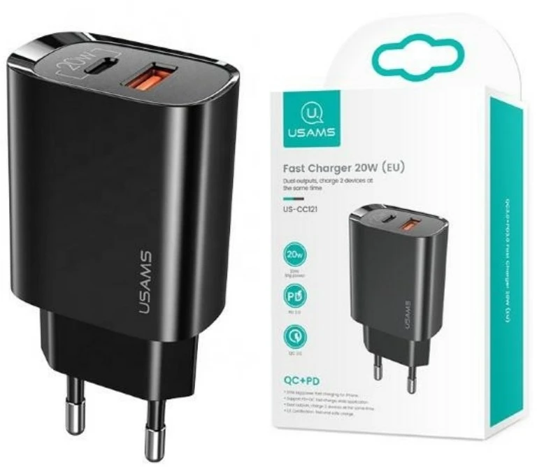 USAMS Laidinis įkroviklis 1xUSB-C + 1xUSB T35 20W (only head) PD3.0 + QC3.0 Fast Charging juodos spalvos CC121TC02