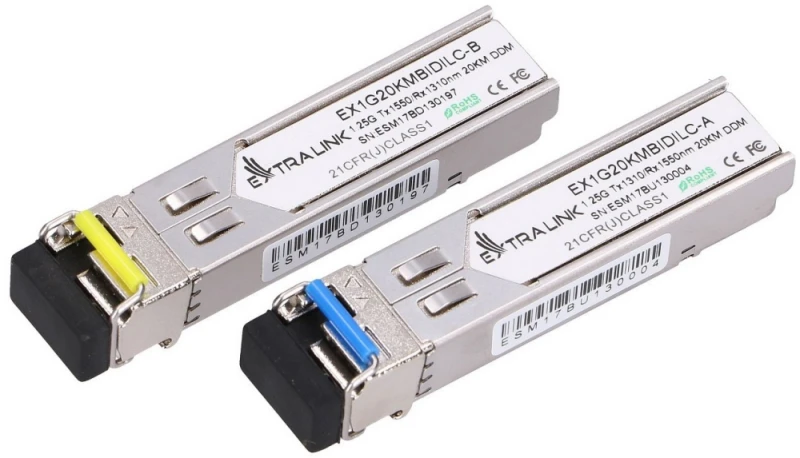 Šakotuvas Extralink SFP 1.25G | Modulis SFP WDM | 1,25Gbps, 1310/1550nm, single mode, 20km, LC, DOM, para