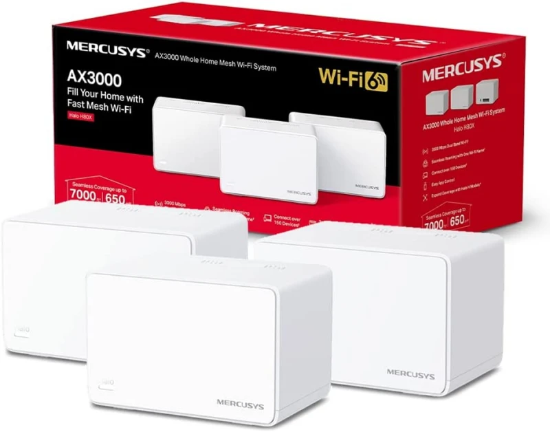 Maršrutizatorius Mercusys | AX3000 viso namo tinklelio „WiFi 6“ sistema su „PoE“ | „Halo H80X“ (3 vnt. pakuotė) | 802.11ax | 574+2402 Mbit/s | 10/100/1000 Mbit/s | Ethernet LAN (RJ-45) jungtys 3 | Tinklo palaikymas: Taip | MU-MiMO: Taip | Ne, mobilusis plačiajuostis ryšys | Antenos tipas: Vidinė
