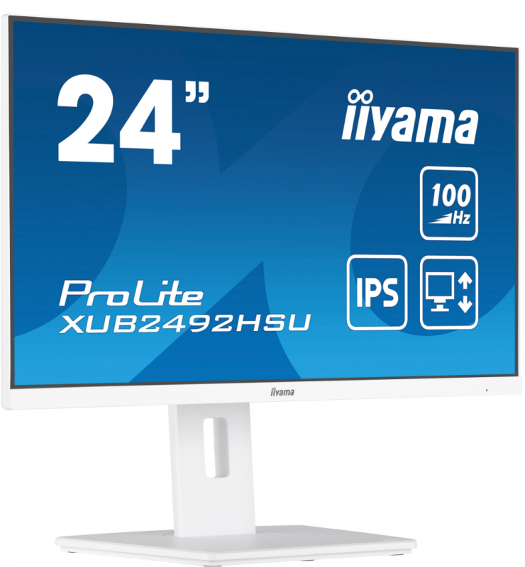 Monitorius Iiyama 24" Baltas ETE IPS skydelis, 1920x1080@100Hz, 15cm aukščio reguliavimo stovas, pasukamas, 250cd/m², garsiakalbiai, HDMI, DisplayPort, 0,4ms MPRT, FreeSync, USB-HUB 4x3.2 (23,8) VIS