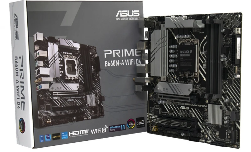 Pagrindinė plokštė ASUS Intel B660 / LGA1700 / MicroATX / Memory DDR4 / Atminties lizdai 4 / 1xPCI-Express 3.0 1x / 1xPCI-Express 3.0 4x / 1xPCI-Express 4.0 16x / 2xM.2 / 2xHDMI / 1xDisplayPort / 2xAudio-In / 1xAudio-Out / 4xUSB 2.0 / 2xUSB 3.2 / 1xPS/2 / 1xRJ45 / PRIMEB660M-AWIFID4