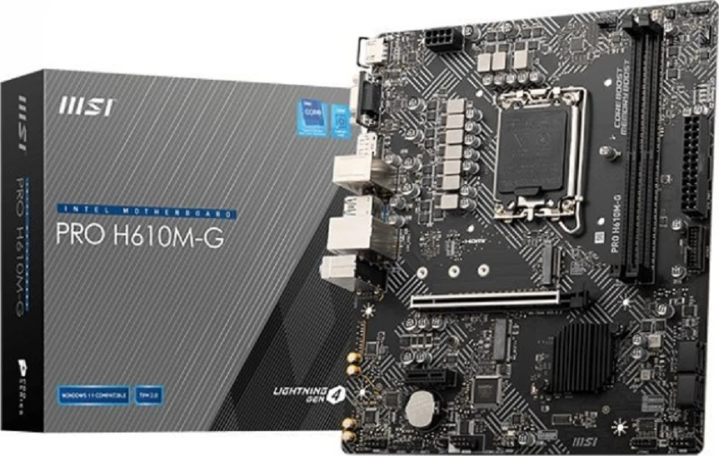 Pagrindinė plokštė MSI | PRO H610M-G | Procesorių šeima Intel | Procesoriaus lizdas LGA1700 | DDR5 | Palaikomos standžiojo disko sąsajos SATA, M.2 | SATA jungčių skaičius 4