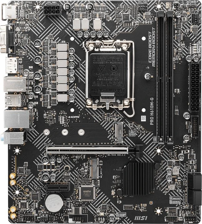 Pagrindinė plokštė MSI | PRO H610M-G | Procesorių šeima Intel | Procesoriaus lizdas LGA1700 | DDR5 | Palaikomos standžiojo disko sąsajos SATA, M.2 | SATA jungčių skaičius 4