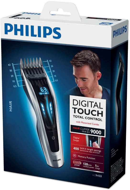 „Philips“ serijos 9000 plaukų kirpimo mašinėlė HC9450/15, titano peiliukai, 400 ilgio nustatymų, 120 min. veikia be laido / 1 val. įkrovimas