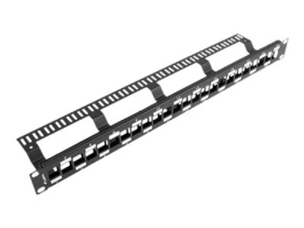 LANBERG PPKS-1224-B Keystone patch panelė, 24 portų, pakopinė, 1U, su organizatoriumi, juoda