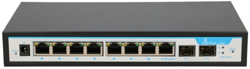 Šakotuvas EXTRALINK PERSES 8 prievadų GbE nevaldomas 802.3af/at PoE jungiklis + 2x SFP Up-Link
