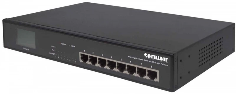 Šakotuvas Intellinet 561310 GIGABIT komutatorius, 8x RJ45, įskaitant 4x „Ultra PoE“, LCD ekranas