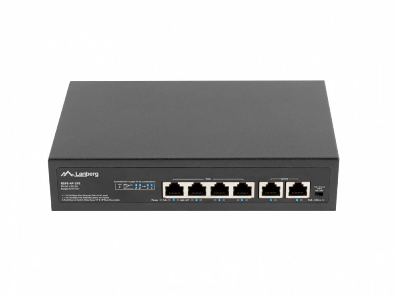 LANBERG jungiklis PoE 19 colių 6 prievadų 100MB 4 jungtys PoE 30W/prievadas max 60W DSP3-0105-60W nevaldomas