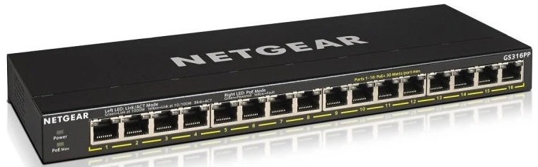Šakotuvas Netgear GS316PP Ne-valdomas Gigabit Ethernet (10/100/1000) Juoda Maitinimas per Eternetą (PoE)