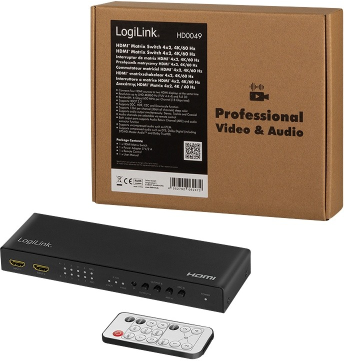 LogiLink Jungiklis 4x2 hdmi, 4k 60hz, su pultu