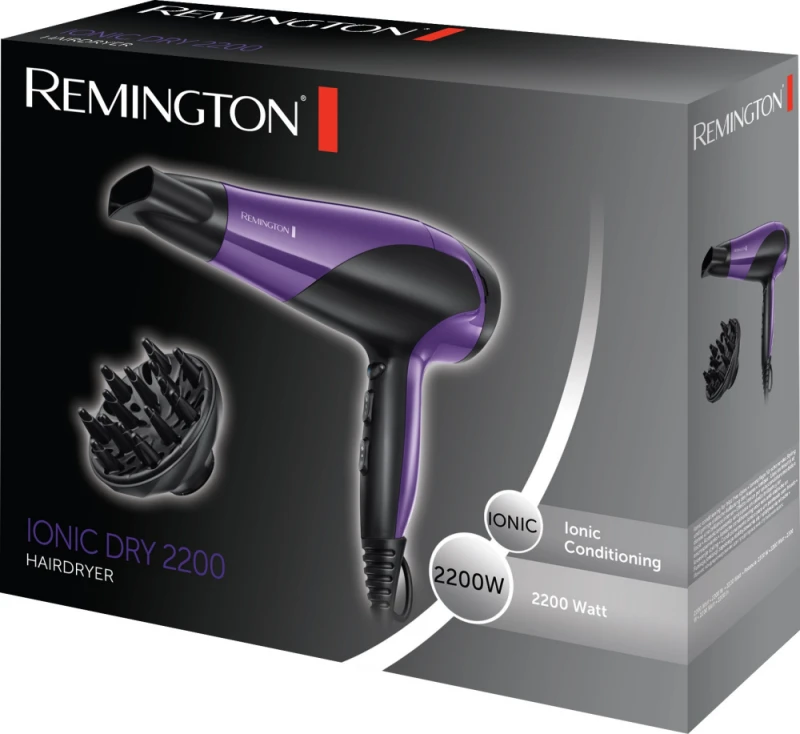Remington Plaukų džiovintuvas | D3190S | 2200 W | Number of temperature settings 3 | Ionic function | Diffuser nozzle | Pilkas/Juodas