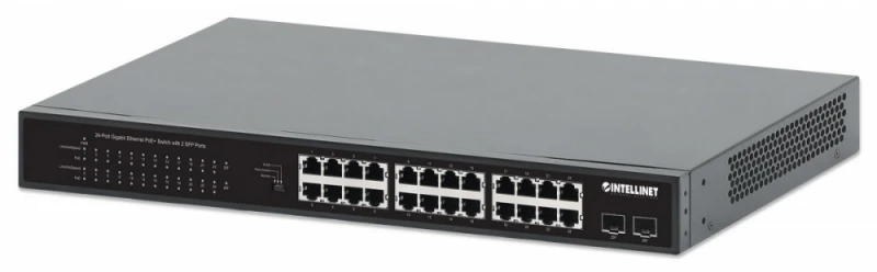 Šakotuvas Intellinet 561891 jungiklis 24x RJ45 Gigabit POE+ 370W, 2x SFP Gigabit, rankinis VLAN