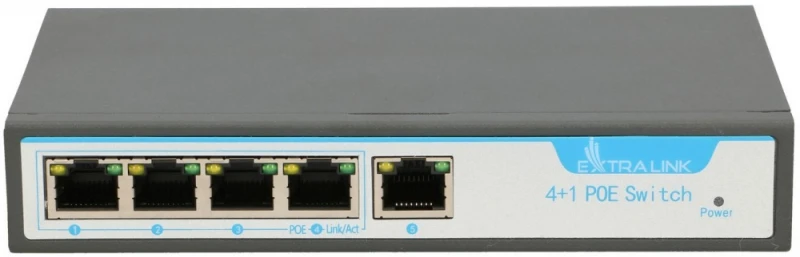 Šakotuvas EXTRALINK KRIOS 4 prievadų GbE Nevaldomas 802.3AF/AT 150 W PoE jungiklis + 1xRJ45 Up-Link