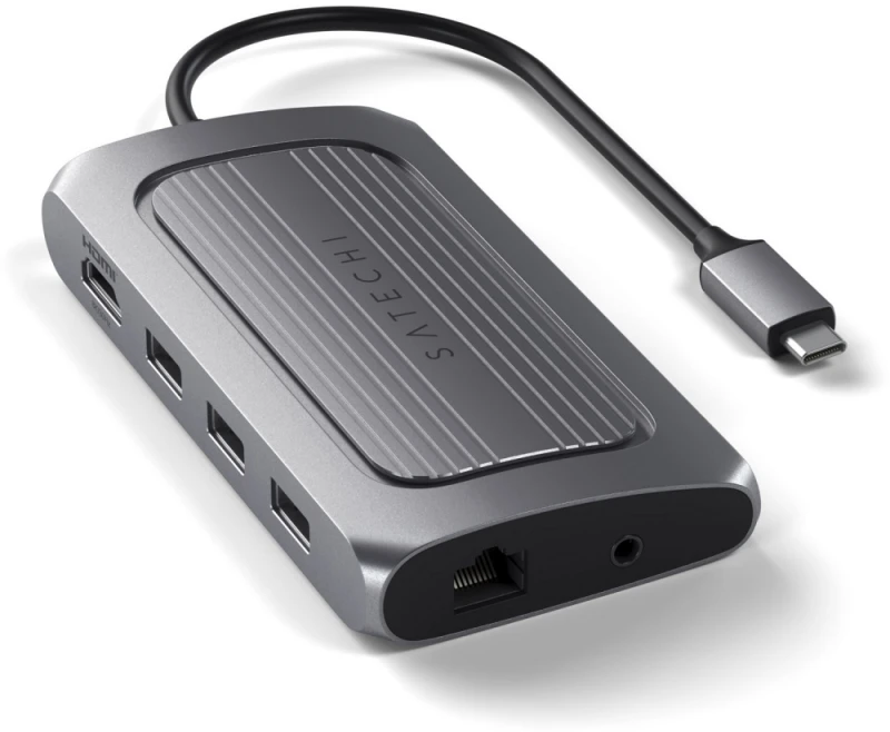 „Satechi“ kelių prievadų adapteris USB-C (USB-C4, 3x USB-A, 8K HDMI, eternetas, mikro / SD kortelių skaitytuvas, lizdo prievadas) (tarpinis pilkas)