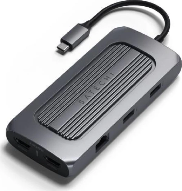 „Satechi“ kelių prievadų adapteris USB-C (2 x USB-C, 2 x USB-A, 2 x 4K HDMI, mikro / SD kortelių skaitytuvas, eternetas) (pilka erdvė)