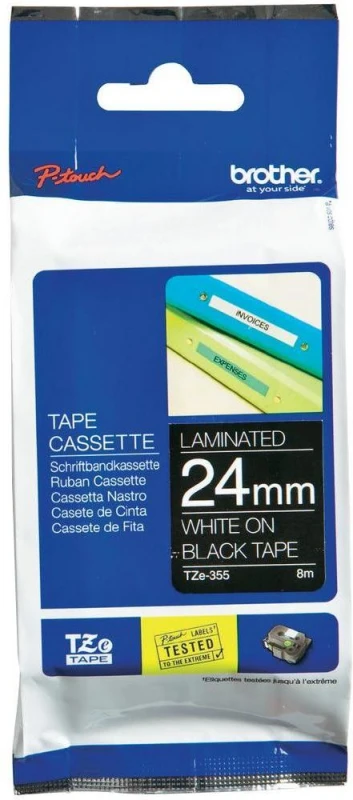 Brother | TZe-355 Laminated Tape | Baltas on Juodas | TZe | 8 m | 2.4 cm