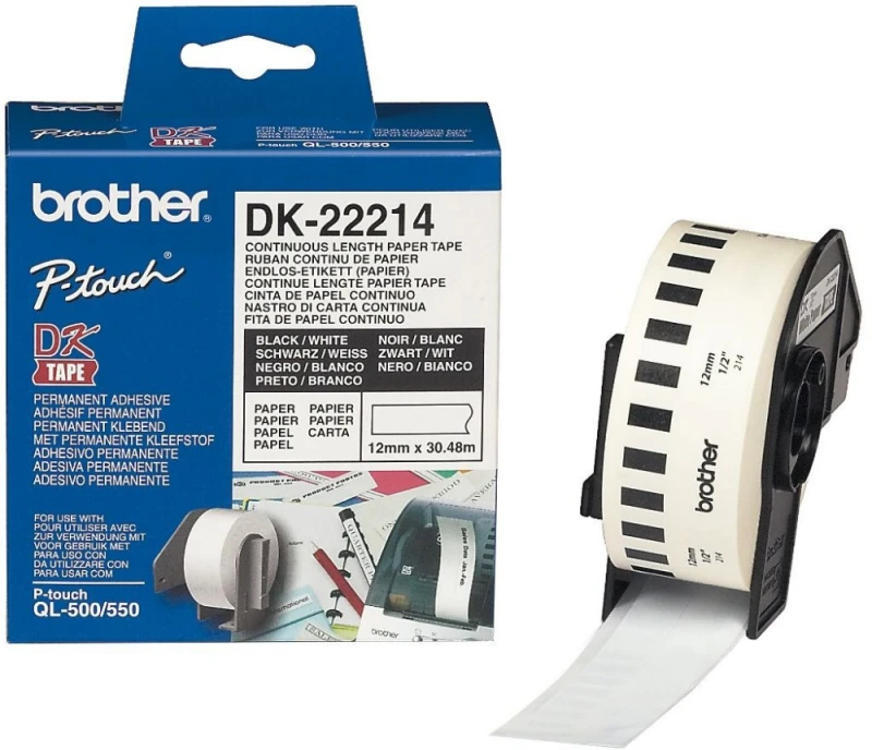 Brother Brolis | DK-22214 Nepertraukiamo ilgio popierinė etiketė | Juodas, Baltas | DK | 12 mm | 30,5 m