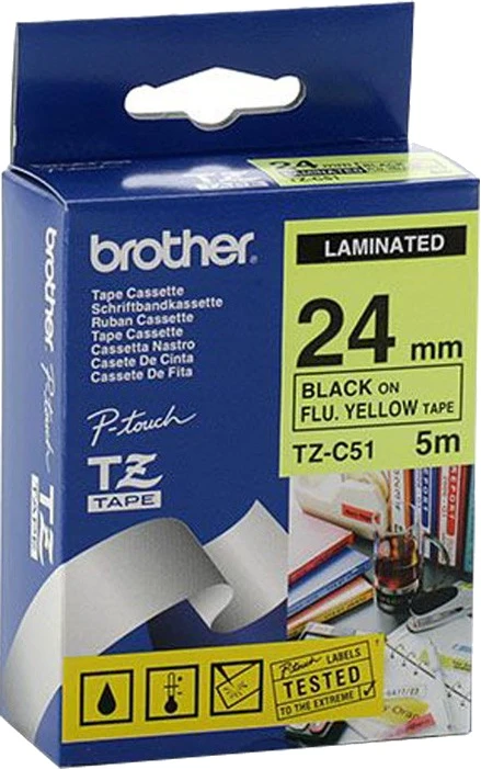 Brother TZe-C51 etikečių juostelė Juoda fluorescencinės geltonos fone