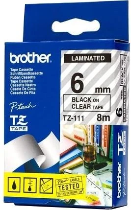 Brother Brolis | TZe-111 laminuota juosta | Juodas ant Clear | TZ | 8 m | 6 cm