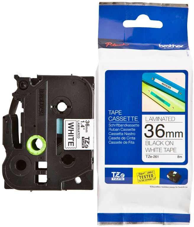 Brother | TZe-261 Laminated Tape | Juodas on Baltas | TZe | 8 m | 3.6 cm