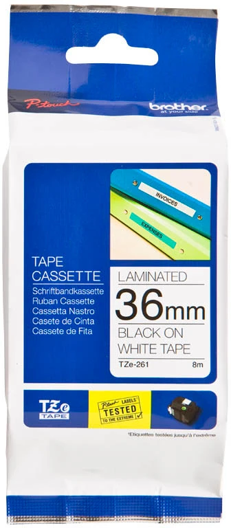 Brother | TZe-261 Laminated Tape | Juodas on Baltas | TZe | 8 m | 3.6 cm