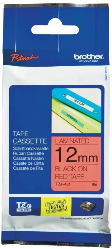 Brother | TZE-431 Laminated Tape | Juodas on Raudona | TZe | 8 m | 1.2 cm