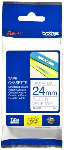 Brother TZe-253 Laminated Tape Mėlyna on Baltas, TZe, 8 m, 2.4 cm