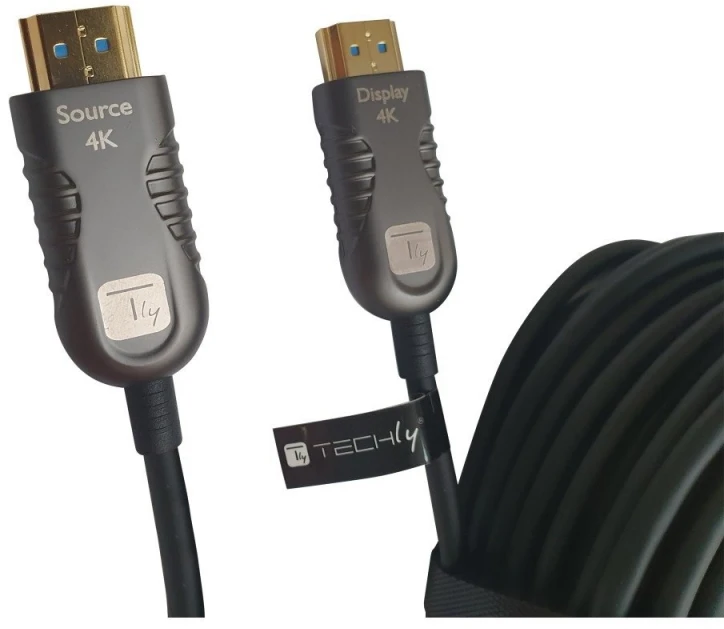 Techly HDMI kabelis 50m su pažymėtais Source ir Display antgaliais