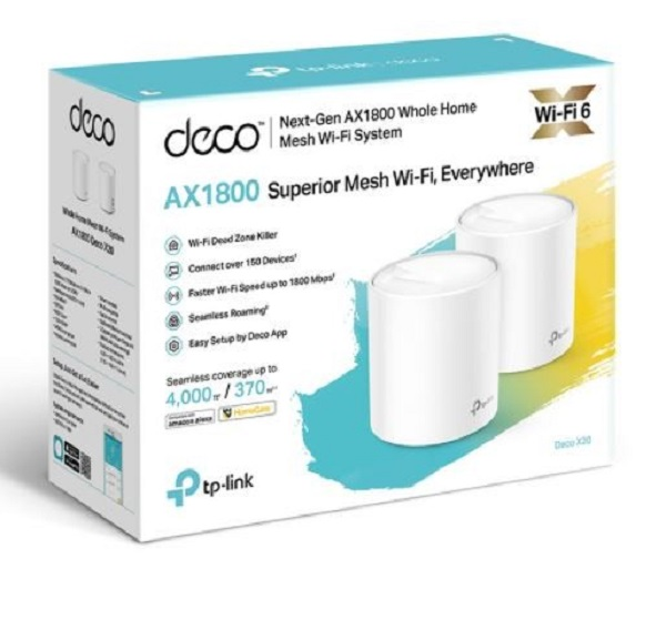 Maršrutizatorius „TP-Link AX1800 Whole Home Mesh Wi-Fi 6“ sistema | Deco X20 (2 pakuotės) | 802.11ax | 1201+574 Mbit/s | 10/100/1000 Mbit/s | Ethernet LAN (RJ-45) jungtys 2 | Tinklelio palaikymas Taip | MU-MiMO Taip | Nėra mobiliojo plačiajuosčio ryšio | Antenos tipas 4xInternal per Deco uni