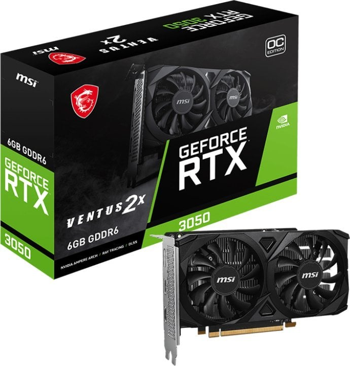 Vaizdo plokštė MSI NVIDIA GeForce RTX 3050 Ventus 2X E OC, 6 GB GDDR6, 96 bit, PCIE 4.0 16x, Dual Slot Fansink