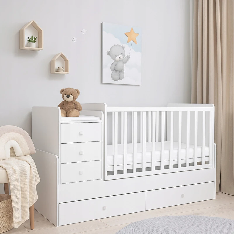 Atbmeble Vaikiška lovytė SMART 4in1 su komoda ir vystymo stalu 120x60 cm / 170x60 cm Balta