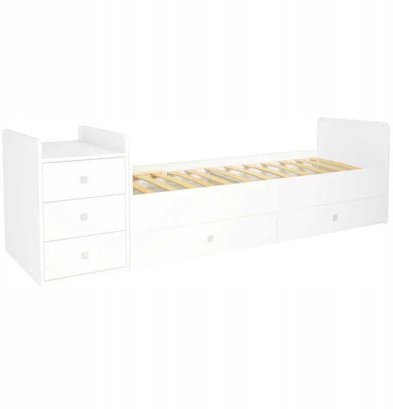 Atbmeble Vaikiška lovytė SMART 4in1 su komoda ir vystymo stalu 120x60 cm / 170x60 cm Balta